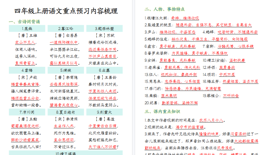 【16页高清完整版】四年级上册语文重点预习内容梳理