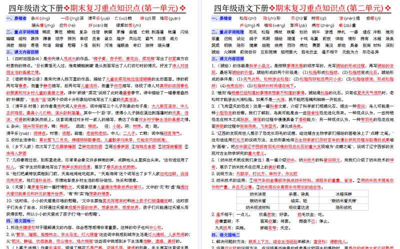 【8页高清完整版】四年级下册语文期末复习重点知识点必背（含答案版）