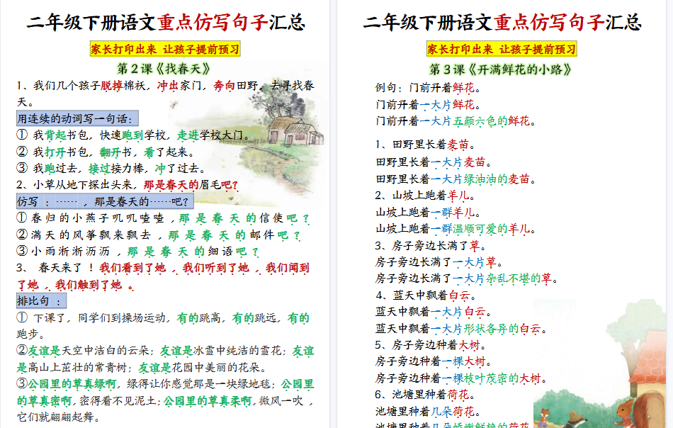 【12页高清完整版】二年级下册语文【1-8单元重点仿写句子】