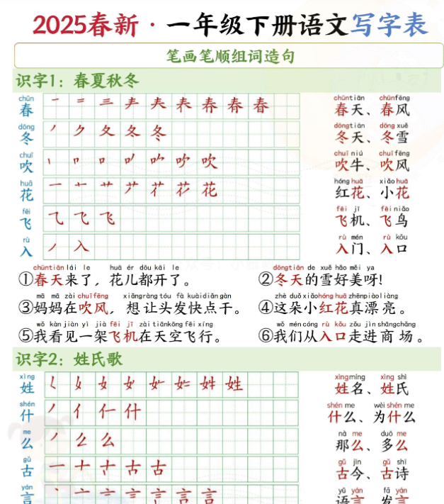 【高清电子版】一下语文写字表笔画笔顺组词造句（16页）