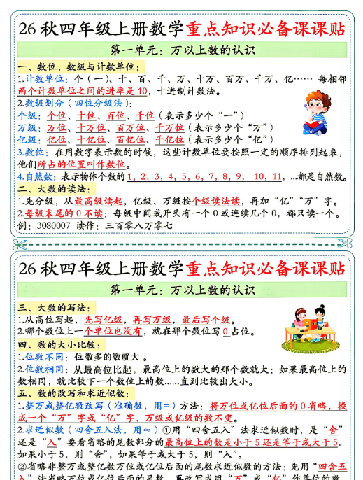 【5页完整版】26秋4年级数学上册《单元重点知识必备课课贴》人教