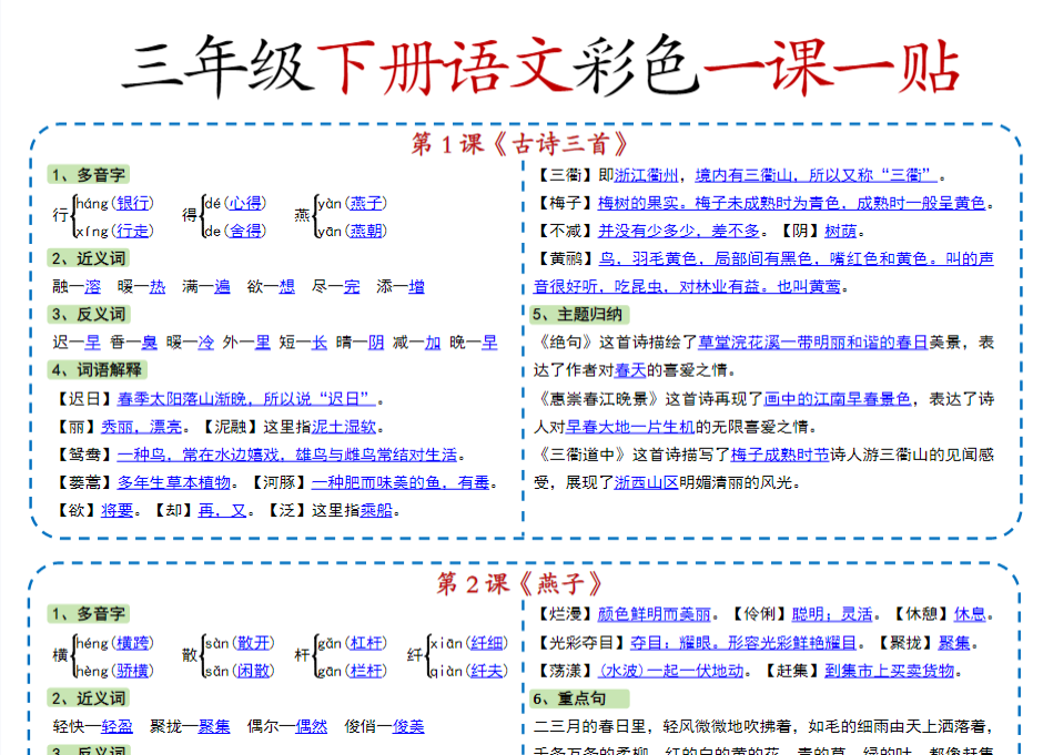 【高清电子版】新版三下语文彩色一课一贴（课内重点课课贴）10页