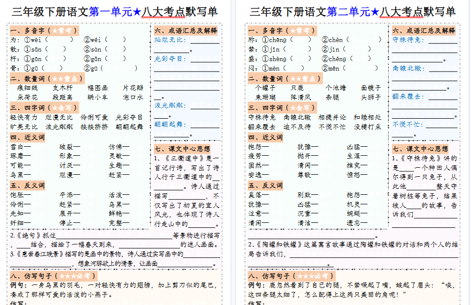 【16页高清完整版】三（下）语文 1-8单元八大考点默写单