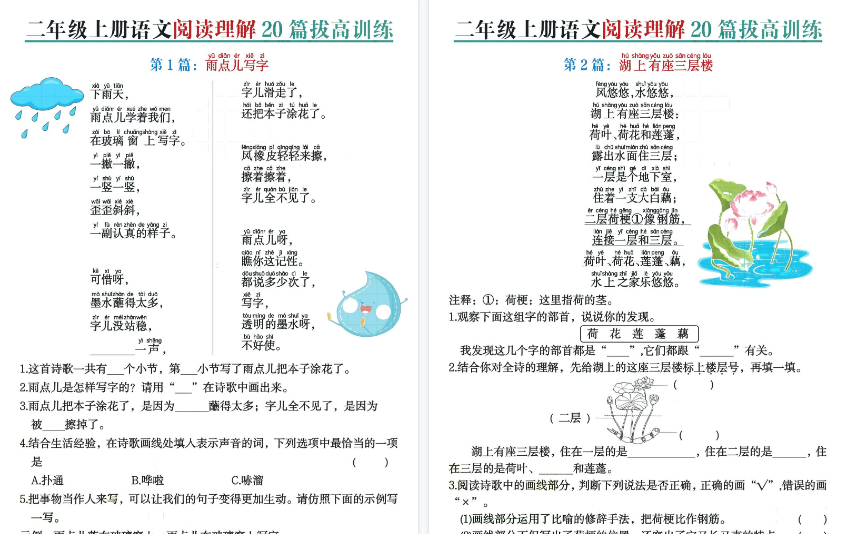 【40页高清完整版】26秋二上语文阅读理解20篇拔高训练（含答案）