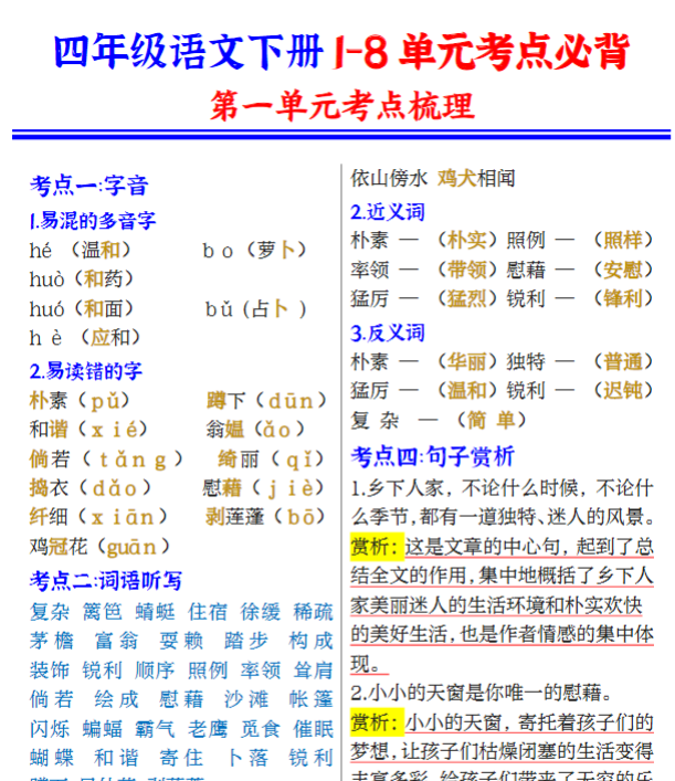【高清电子版】四年级语文下册1-8单元知识点总结(部编版)