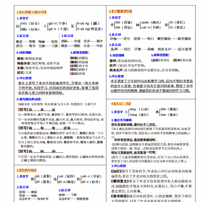 【6页高清完整版】【课课贴】3年级上册每课重点生字组词认读贴,贴在课本空白处