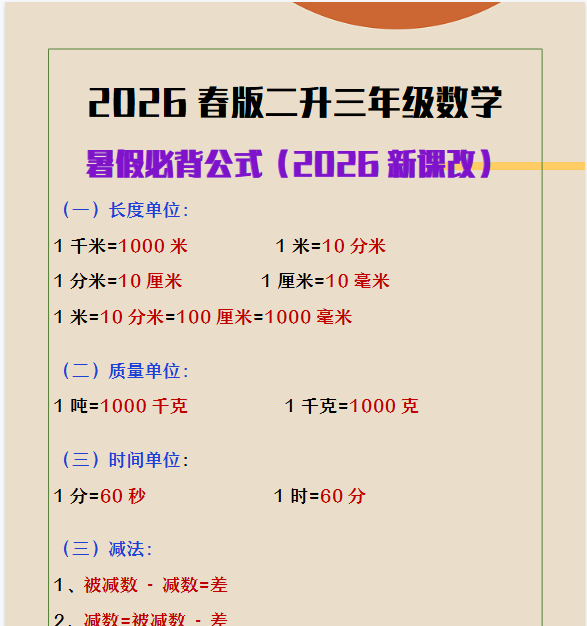 2026春新版二升三年级数学必背公式大全