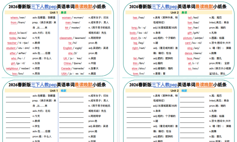 【6页高清完整版】三下英语晨读晚默小纸条 人教版