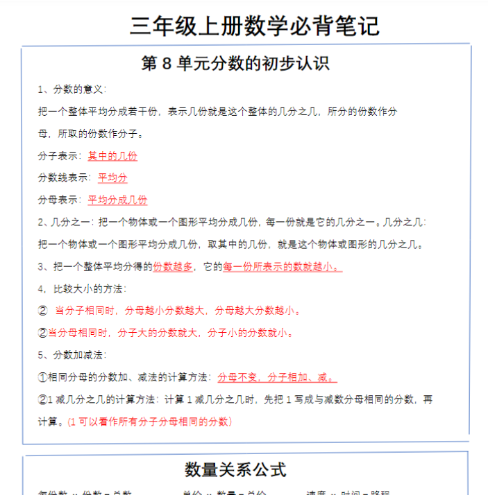 【高清电子版】三上数学重点贴(打印设置一页两张就是课本贴大小)