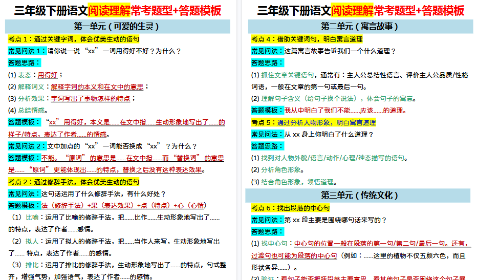 【2026春6页完整版】三年级下册语文阅读理解答题模板