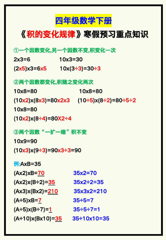 1页！四年级数学下册《积的变化规律》寒假预习重点知识！