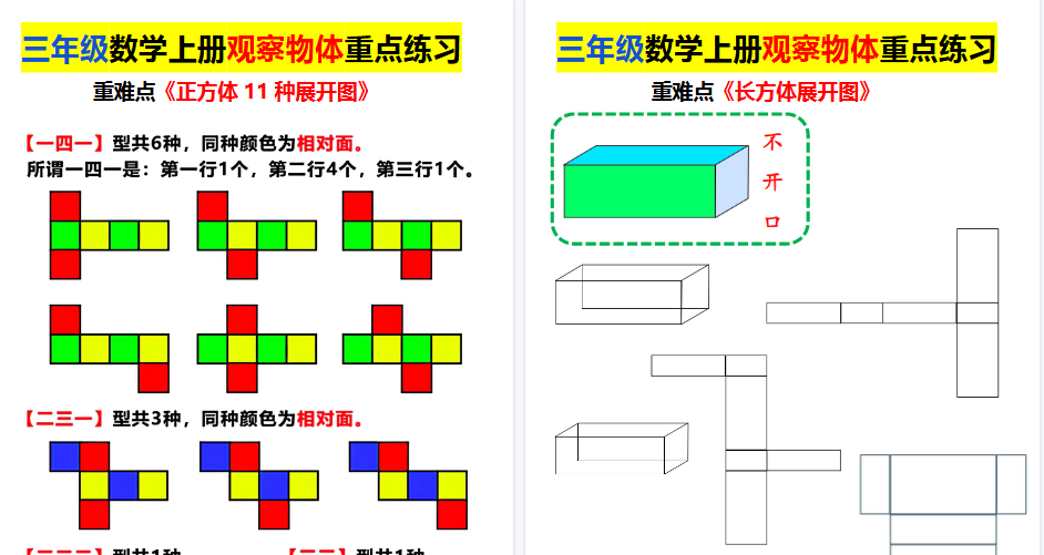 【7页高清完整版】26秋三年级上册长方体正方体展开图