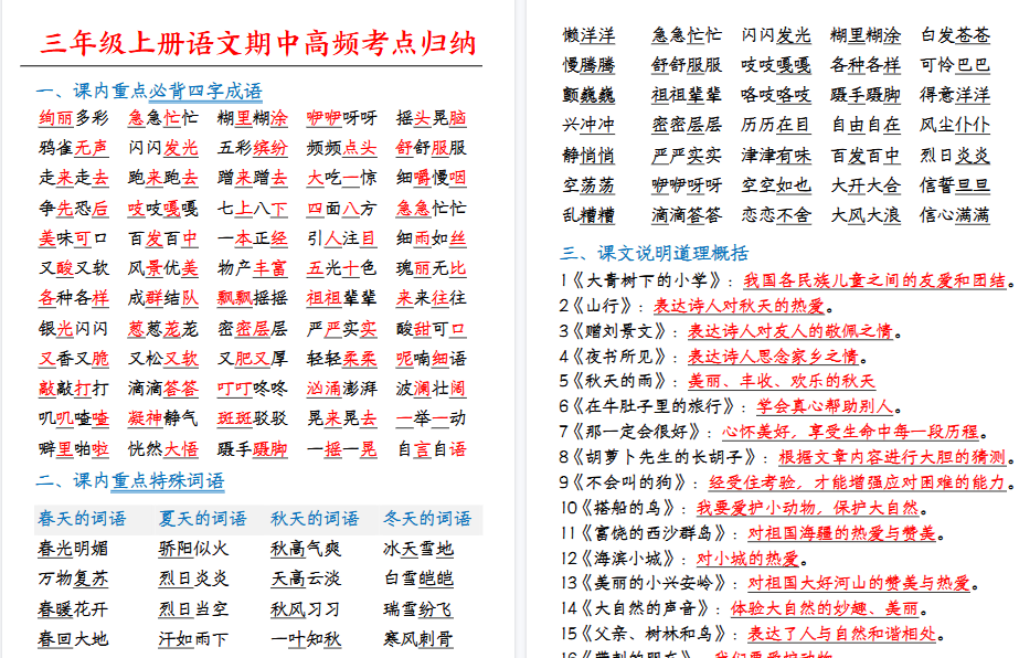 【5页高清完整版】三（上）语文全册高频考点归纳
