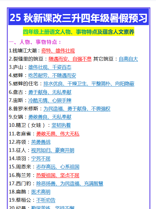 【2025秋新版】四年级上册语文人物、事物特点及蕴含人文素养