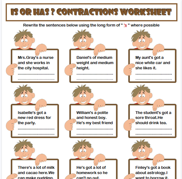 【2页高清彩色版】is or has contraction grammar exercises esl worksheet【完整可直接打印】语法作业纸63套