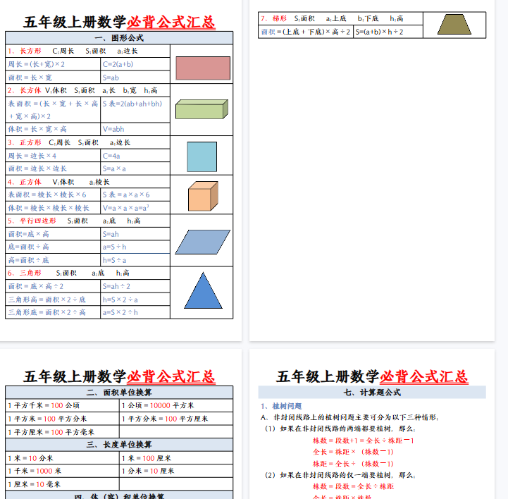 【7页完整版】26秋五年级上册数学必背公式【期末高清版可直接打印】