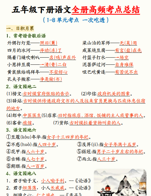 【22页高清完整版】五年级（下）语文 全册高频考点总结