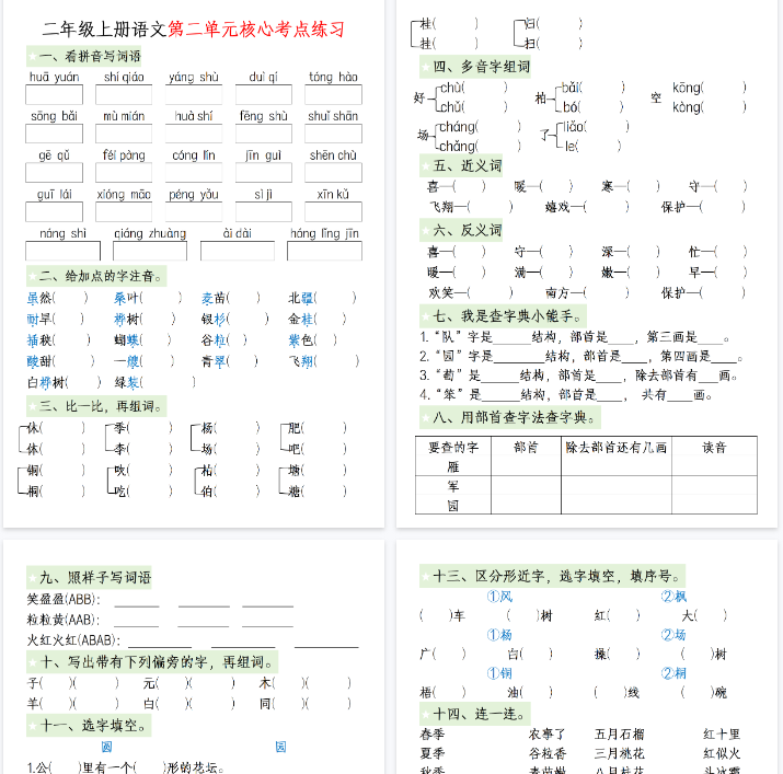 【10页完整版】二（上）语文第二单元核心考点练习