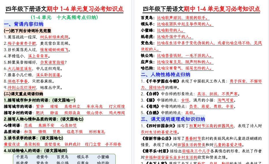 【2026春11页完整版】四下语文期中复习必考知识点汇总