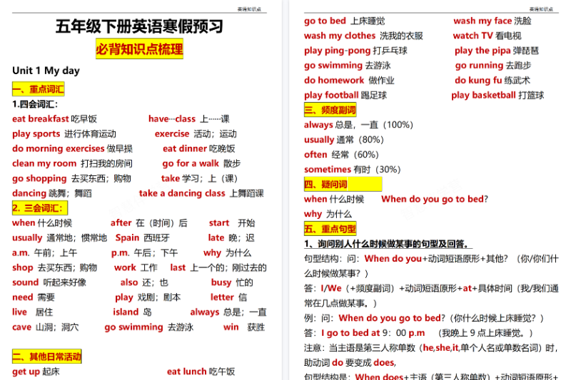 【10页高清版】 五年级(下)英语知识点归纳《人教版》