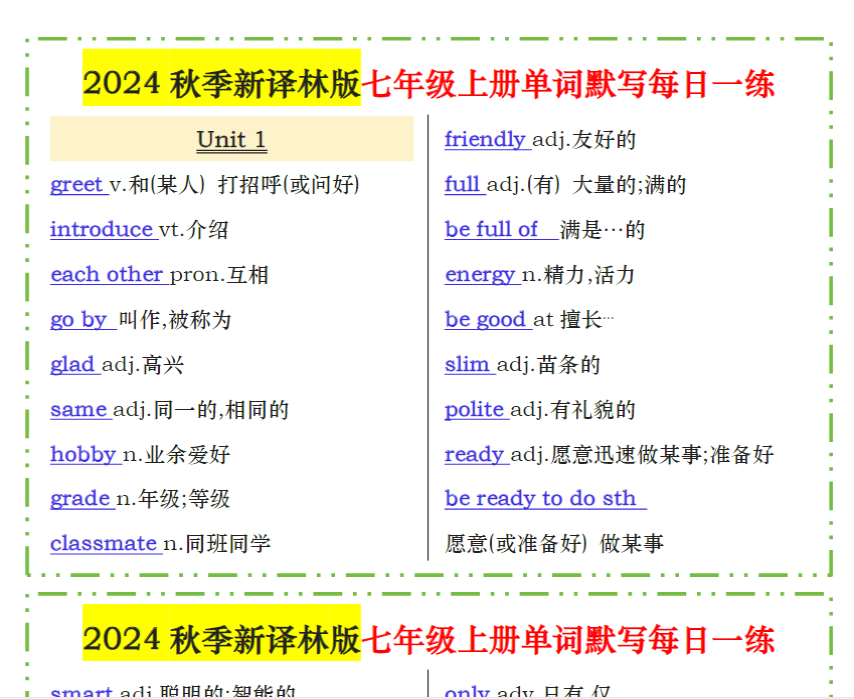 22页！2024秋季新译林版七年级上册单词默写每日一练