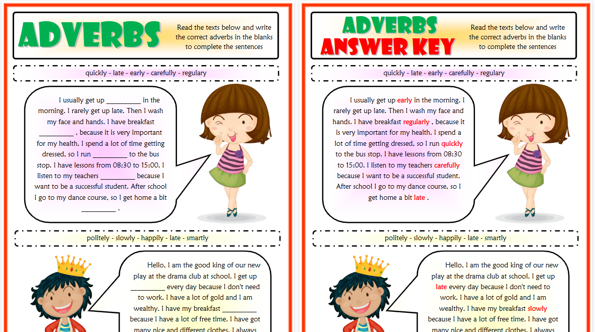 【2页高清彩色版】adverbs esl grammar gap filling exercise worksheet for kids【完整可直接打印】语法作业纸63套