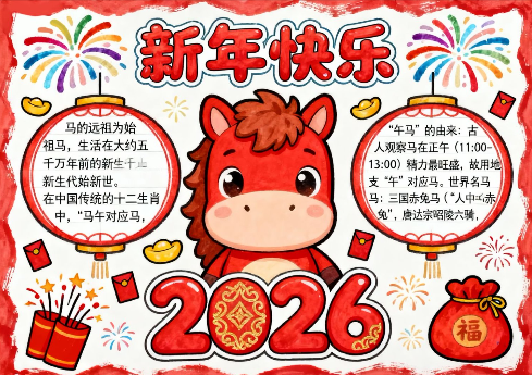 马年(新年快乐)2026手抄报-高清可直接打印无水印版本