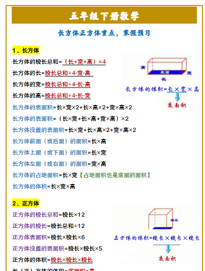 【2026寒假】五年级下册数学 长方体正方体重点,寒假预习