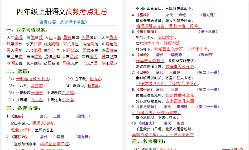 【19页高清完整版】四上语文全册高频考点归类