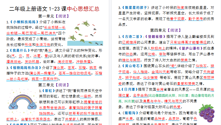 【8页高清完整版】26秋二上语文1-23课中心思想