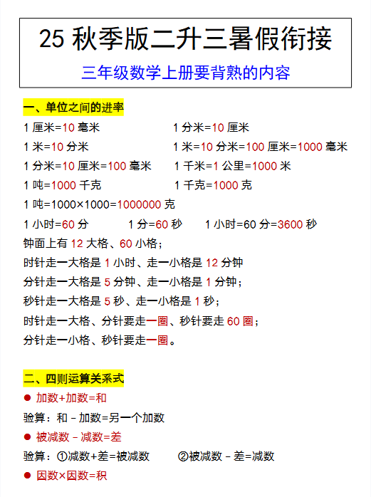 【2025秋新版】三年级数学上册要背熟的内容