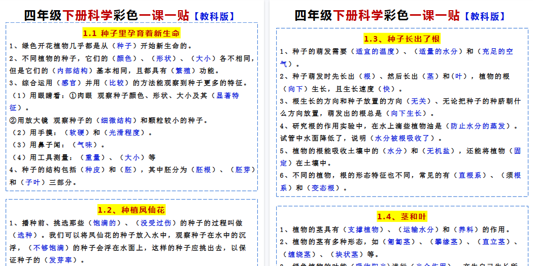 【11页高清完整版】四年级下册科学课贴【教科版】