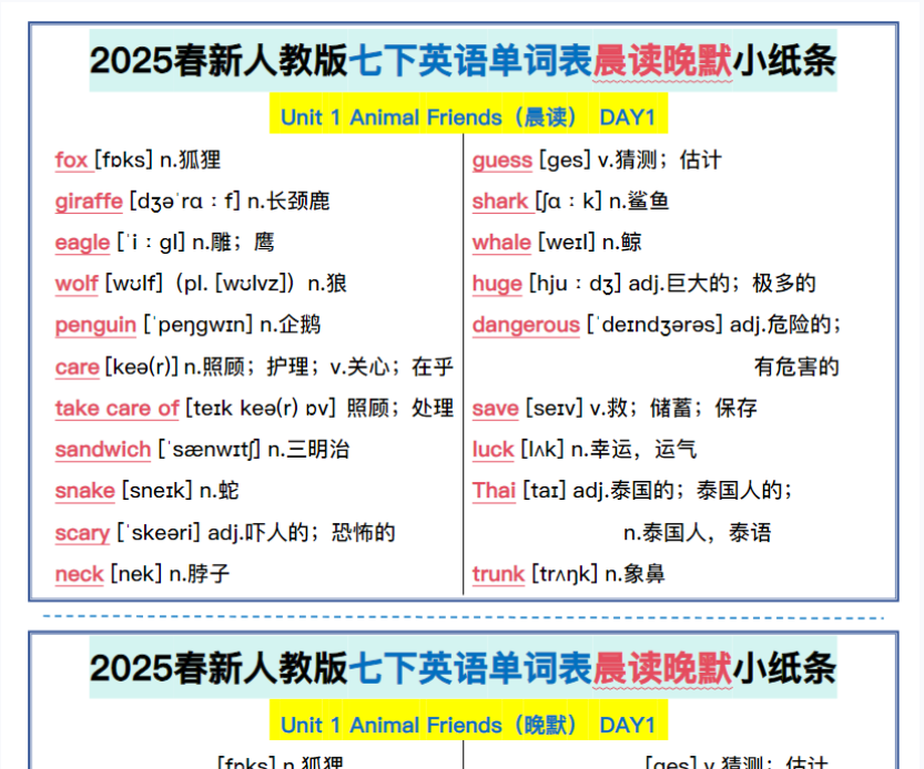 22页！2025春新人教版七下英语单词晨读晚默小纸条