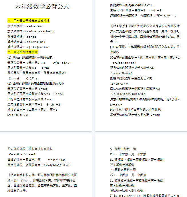 【5页完整版】【6年级上册】数学必背公式大全【期末高清版可直接打印】