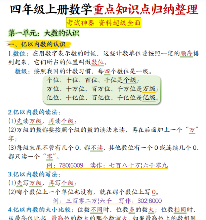 四年级上册数学重点知识点归纳整理