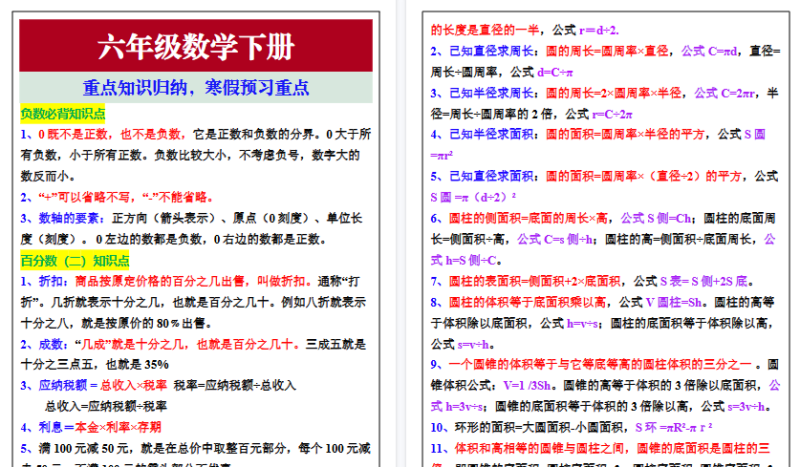【2026寒假3页】六年级数学下册重点知识归纳，寒假预习重点