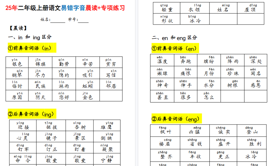 25年二上语文期末易错字音（晨读+专项练习）含答案28页