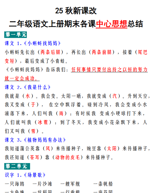 【2025秋新版】二年级语文上册期末各课中心思想总结