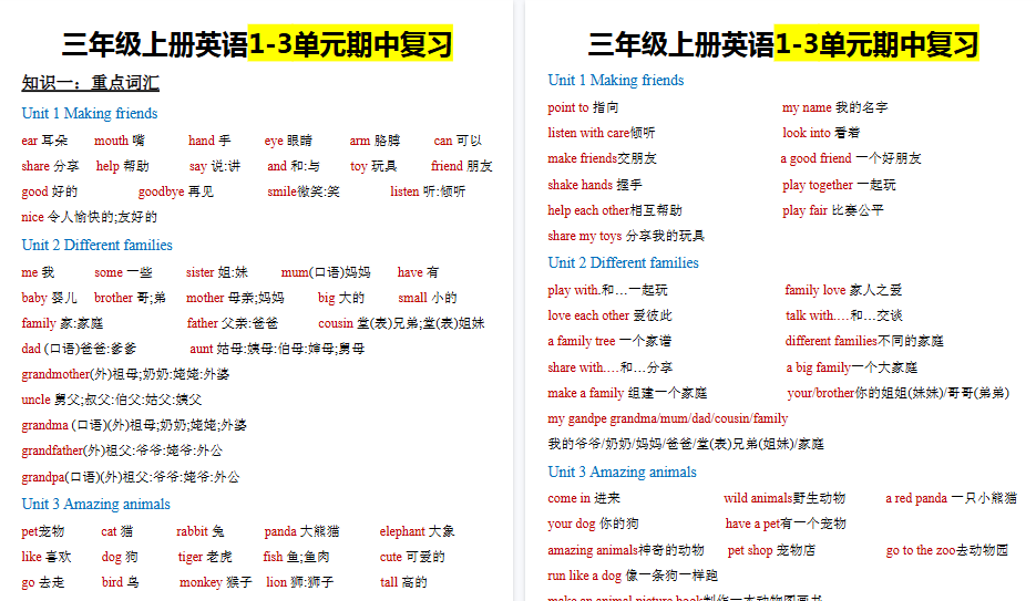 【7页高清完整版】三上英语期中知识点【人教版】