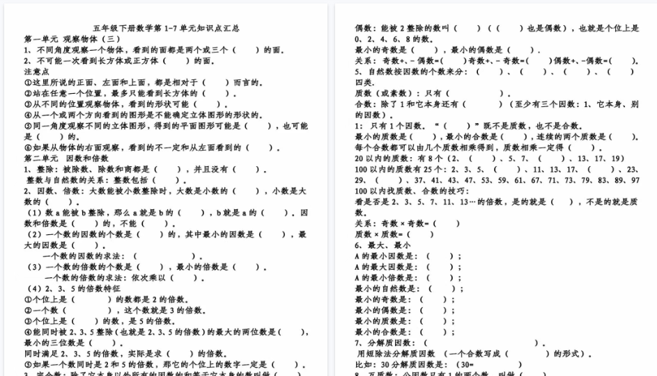 【17页高清完整版】五（下）数学单元知识点及概念填空卷