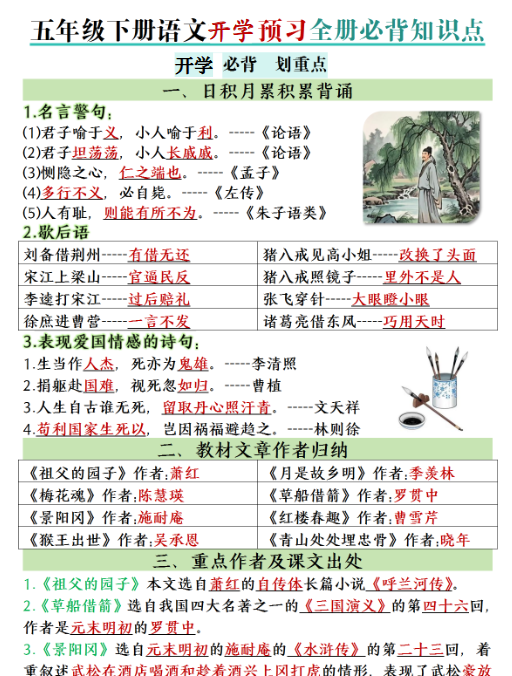 【10页高清完整版】五年级（下）语文 开学预习全册必背知识点