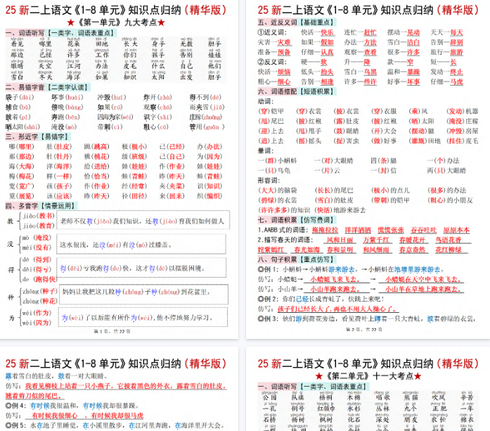 【22页完整版】二上语文1-8单元知识点汇总（精华版）九大考点【期末高清版可直接打印】