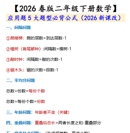 2026春新版二年级下册数学 应用题必背公式