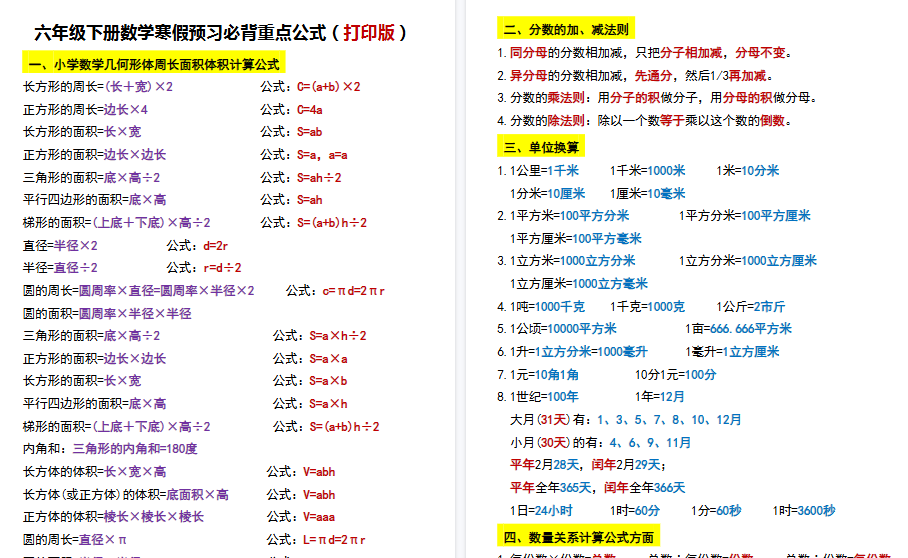 【7页高清完整版】六年级下册数学寒假预习必背重点公式（打印版）