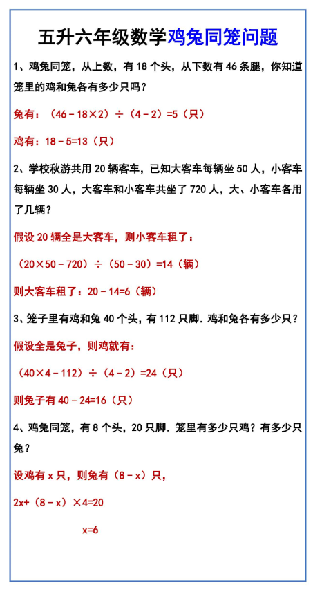5页！五升六年级数学鸡兔同笼问题
