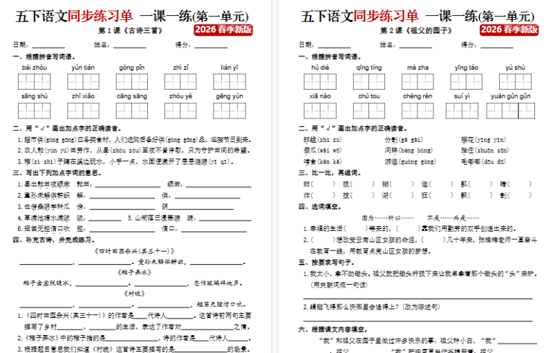 26春五下语文同步练习单一课一练（含答案40页）【高清版完整版】
