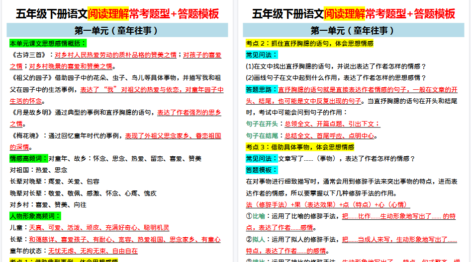 【10页高清完整版】五年级下册语文阅读理解