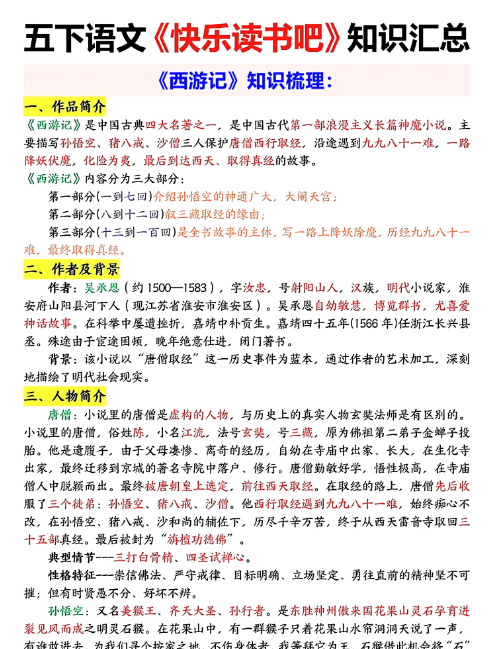 【21页高清完整版】五年级（下）语文 快乐读书吧知识梳理练习题