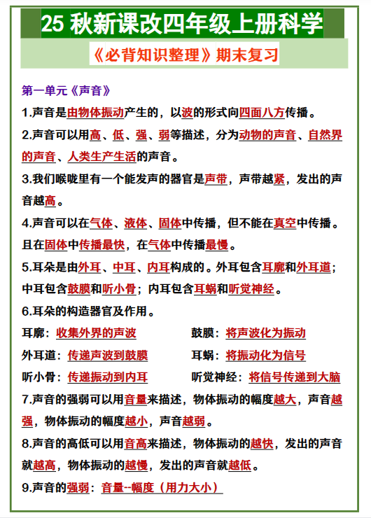 【2025秋新版】四年级上册科学 《必背知识整理》期末复习