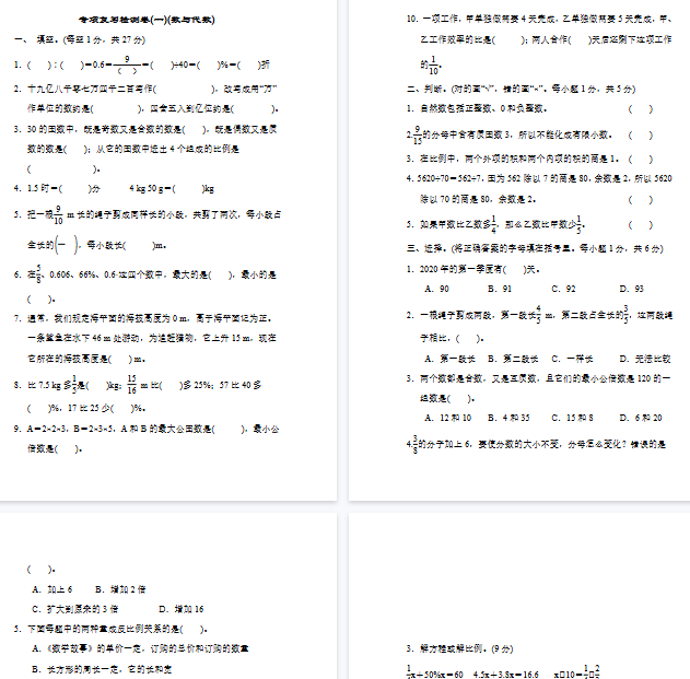 【9页完整版】人教版数学六年级下册专项复习检测卷(一)(数与代数)【高清版可直接打印】